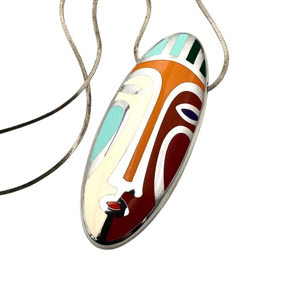 Rare Menegatti Italy Sterling Silver Enamel Mask Pendant Necklace - Picture 1 of 5